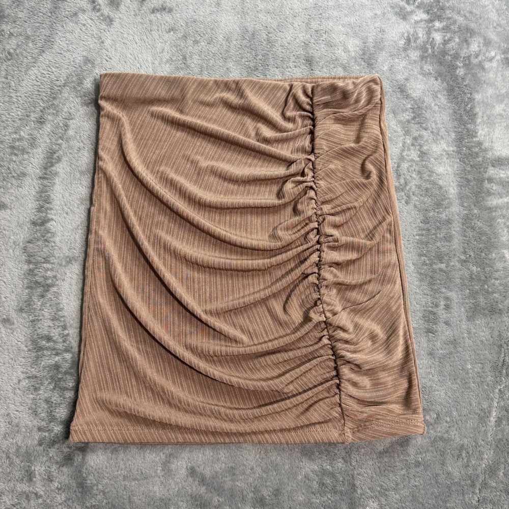 Naked Wardrobe Tan Ribbed Ruched Bodycon Mini Skirt NW-S2628 Size 1 (Small)